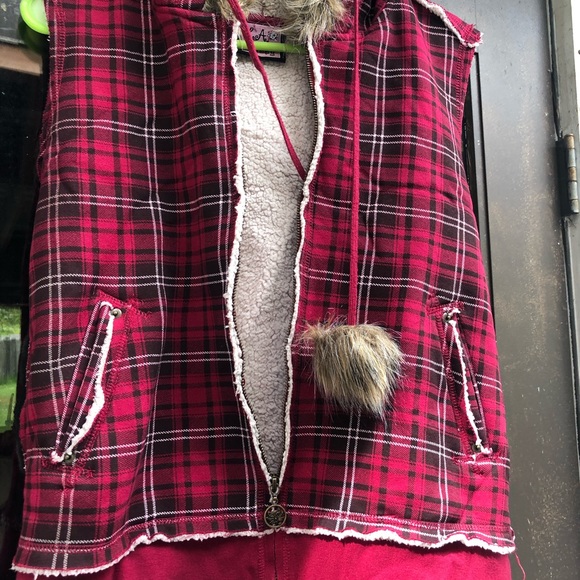 La Kitty Plaid Wool Blend Faux Fur Hoodie Jacket - Picture 7 of 13